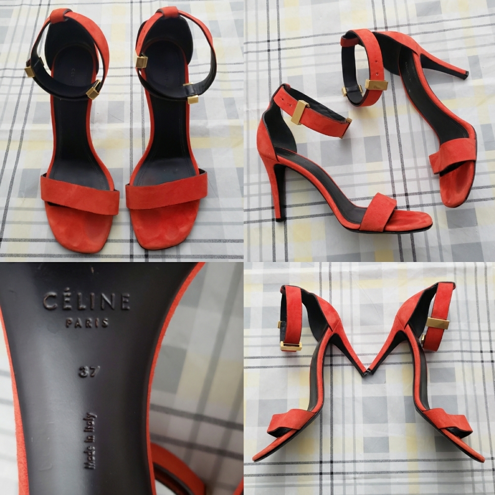 Celine Paris Red Suede Heels Italy Gold Clasp Cute